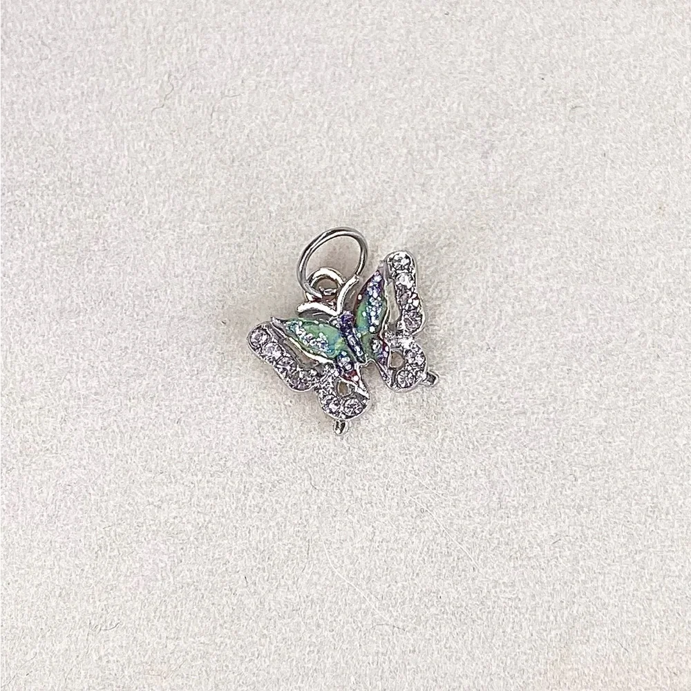 Sparkling Butterfly Charm Pendant – Silver Tone w/Crystal & Pastel Enamel-green